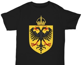 May include: Black t-shirt with a gold crown and a black double-headed eagle on a yellow shield.