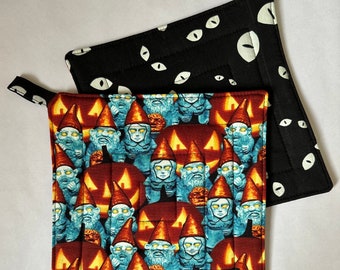 Set of 2 Pot Holders Glow in the Dark Zombie Gnomes Eyes Spooky Creepy Halloween Cotton Hot Pads BlackRayne Boutique