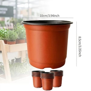 May include: A terracotta-colored plastic plant pot, 3.94 inches in diameter and 3.35 inches tall, with a black rim. Several smaller pots are stacked below. The image shows a gardening theme.