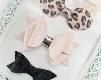 NEW "PINK LEOPARD Black" Fur Hairbow Alligator Clips Girls Ribbon Bows 5 Inches