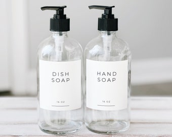 16oz Glass Clear Soap Bottle - Modern Style, Dish Soap Bottle With Waterproof Label or Hand Soap Dispenser, Refillable Soap Dispenser
