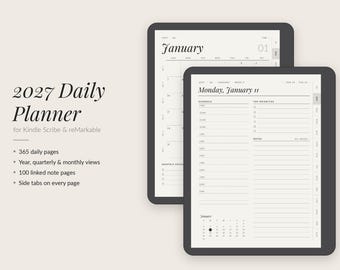 May include: A 2027 daily planner for Kindle Scribe and reMarkable tablets, featuring 365 daily pages, year, quarterly, and monthly views, 100 linked note pages, and side tabs. The display shows a monthly calendar and a detailed daily schedule.