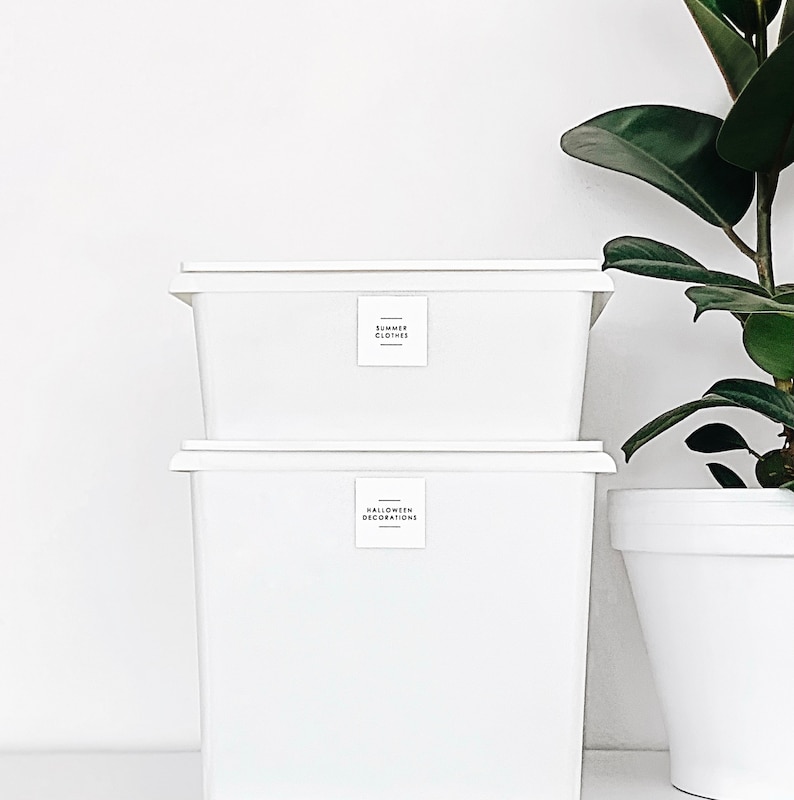 May include: Two white plastic storage bins with labels. The top bin is labelled "Summer Clothes" and the bottom bin is labelled "Halloween Decorations".