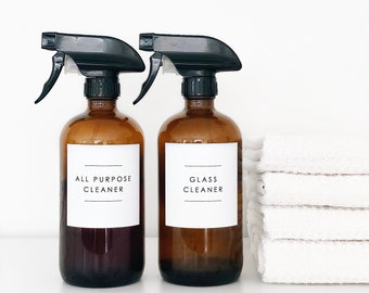 Kitchen & Bathroom Cleaning Labels (Minimalist) | Water Resistant | Amber Spray Bottle Labels | Custom Labels | Home Organization Labels