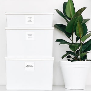 May include: Three white plastic storage boxes with labels. The top box is labelled "Tax Info", the middle box is labelled "Photos", and the bottom box is labelled "Holiday Decorations".