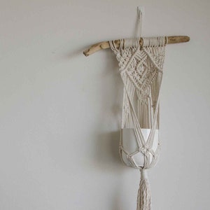 May include: A macrame plant hanger with a white ceramic pot hanging from a driftwood branch. The hanger has a fringe at the bottom and is attached to a white wall.