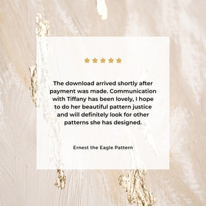 A five star review for the macrame eagle pattern that reads: Communication with Tiffany has been lovely, I hope to do her beautiful pattern justice and will definitely look for other patterns she has designed.