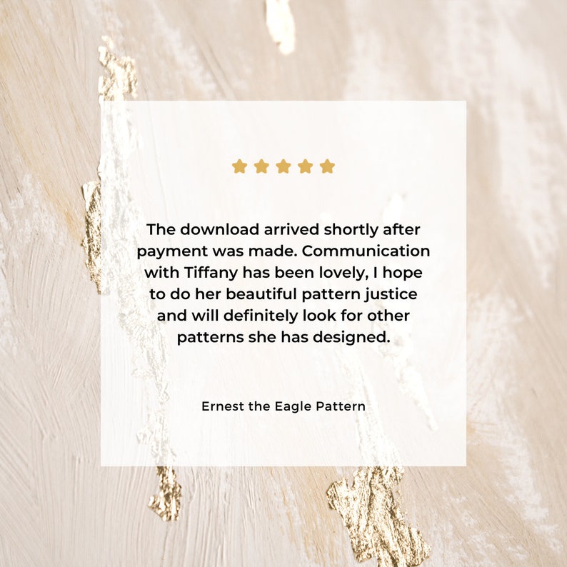 A five star review for the macrame eagle pattern that reads: Communication with Tiffany has been lovely, I hope to do her beautiful pattern justice and will definitely look for other patterns she has designed.