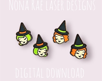 May include: Four witch-themed digital download designs. Each design features a witch's face with a black hat, orange and green accents, and a smiling expression. The text "NONA RAE LASER DESIGNS" and "DIGITAL DOWNLOAD" are also visible.
