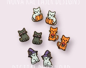 Peut inclure: Plusieurs motifs de chats découpés au laser. Les motifs comprennent des chats dans des citrouilles, des chats avec des lunettes de soleil, des chats avec des champignons et des chats portant des chapeaux de sorcière. Le texte "NONA RAE LASER DESIGNS" et "DIGITAL DOWNLOAD" sont également visibles.