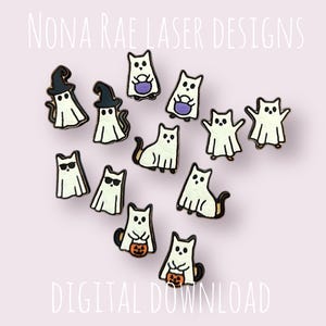 Pode incluir: Uma coleção de recortes de madeira com tema de Halloween com fantasmas e gatos. Alguns fantasmas usam chapéus de bruxa ou óculos de sol. Gatos seguram cestas roxas ou abóboras. O texto "NONA RAE LASER DESIGNS" e "DIGITAL DOWNLOAD" são visíveis.