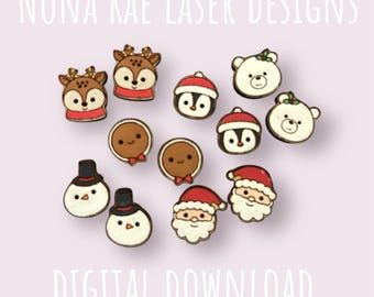 May include: A selection of Christmas-themed wooden cutouts, featuring reindeer, penguins, gingerbread people, snowmen, polar bears, and Santa Claus. The cutouts are in various colours, with red, white, and brown being the most prominent. The text "NONA RAE LASER DESIGNS" and "DIGITAL DOWNLOAD" are also visible.