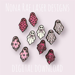 May include: A selection of ghost-shaped enamel pins with diverse patterns, such as leopard print, gingham, floral, and hearts. Some ghosts feature bows. The pins are in pink, white, and black. The text "NONA RAE LASER DESIGNS" and "DIGITAL DOWNLOAD" are visible.