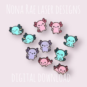 May include: A selection of colourful axolotl designs in pink, blue, and purple. The image includes the text "NONA RAE LASER DESIGNS" and "DIGITAL DOWNLOAD". These cute axolotl designs are ideal for crafting projects.