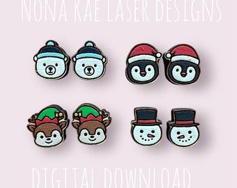 May include: Wooden Christmas earrings with bear, penguin, reindeer, and snowman designs. Each pair is hand-painted with black, red, green, and brown details. The earrings are displayed on a pink background with the text "NONA RAE LASER DESIGNS" and "DIGITAL DOWNLOAD".