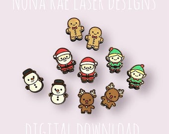 May include: A selection of Christmas-themed wooden cutouts, featuring gingerbread men, Santa Claus figures, elves, snowmen, and reindeer. The text "NONA RAE LASER DESIGNS" and "DIGITAL DOWNLOAD" are displayed on a light pink background.