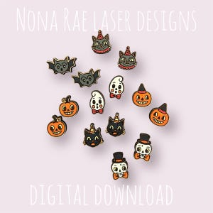 May include: A collection of Halloween-themed enamel pins featuring bats, cats, ghosts, pumpkins, and skulls. The pins are in various colors, including black, orange, and white, with gold-colored metal accents. The text "NONA RAE LASER DESIGNS" and "DIGITAL DOWNLOAD" are visible.