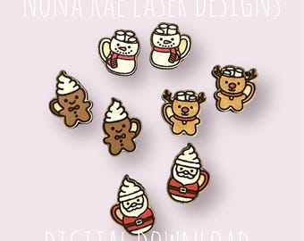 May include: Wooden Christmas-themed cutouts featuring a snowman in a mug, gingerbread men, reindeer, and Santa Claus in a mug. The cutouts are in various colors, including brown, red, white, and beige. The text "NONA RAE LASER DESIGNS" and "DIGITAL DOWNLOAD" are visible.