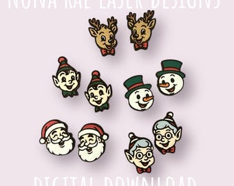 May include: A selection of Christmas-themed wooden cutouts, including reindeer, elves, snowmen, Santa Claus, and Mrs. Claus. The cutouts are in various colours and have a cartoon design. The text "NONA RAE LASER DESIGNS" and "DIGITAL DOWNLOAD" are also visible.