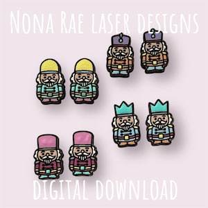 Puede incluir: Una colección de diseños de cascanueces coloridos en varios colores, incluyendo rosa, amarillo, azul y naranja. El texto "NONA RAE LASER DESIGNS" y "DIGITAL DOWNLOAD" se muestra en blanco. Los cascanueces tienen detalles.