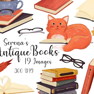 Może przedstawiać: Cyfrowa ilustracja przedstawiająca stare książki, rudego lisa, filiżankę kawy, okulary, zakladkę z piórka i wazon z kwiatami. W obrazie znajduje się tekst "Serena's Antique Books 19 Images 300 DPI".