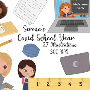 Watercolor and Gouache Covid School Children Clipart, Teachers, School Supplies, Distance Learning, Laptop, Online Learning, Mask, Corona