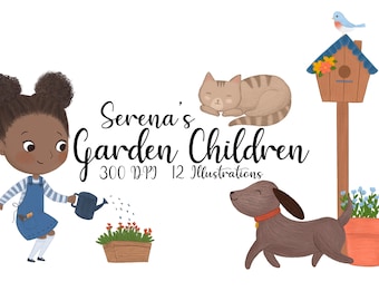 Watercolor and Gouache Garden Children Clipart, Gardening Kids, Gardening tools, Cat, Dog, Birdhouse, Flower box, Potted Flowers, Tree