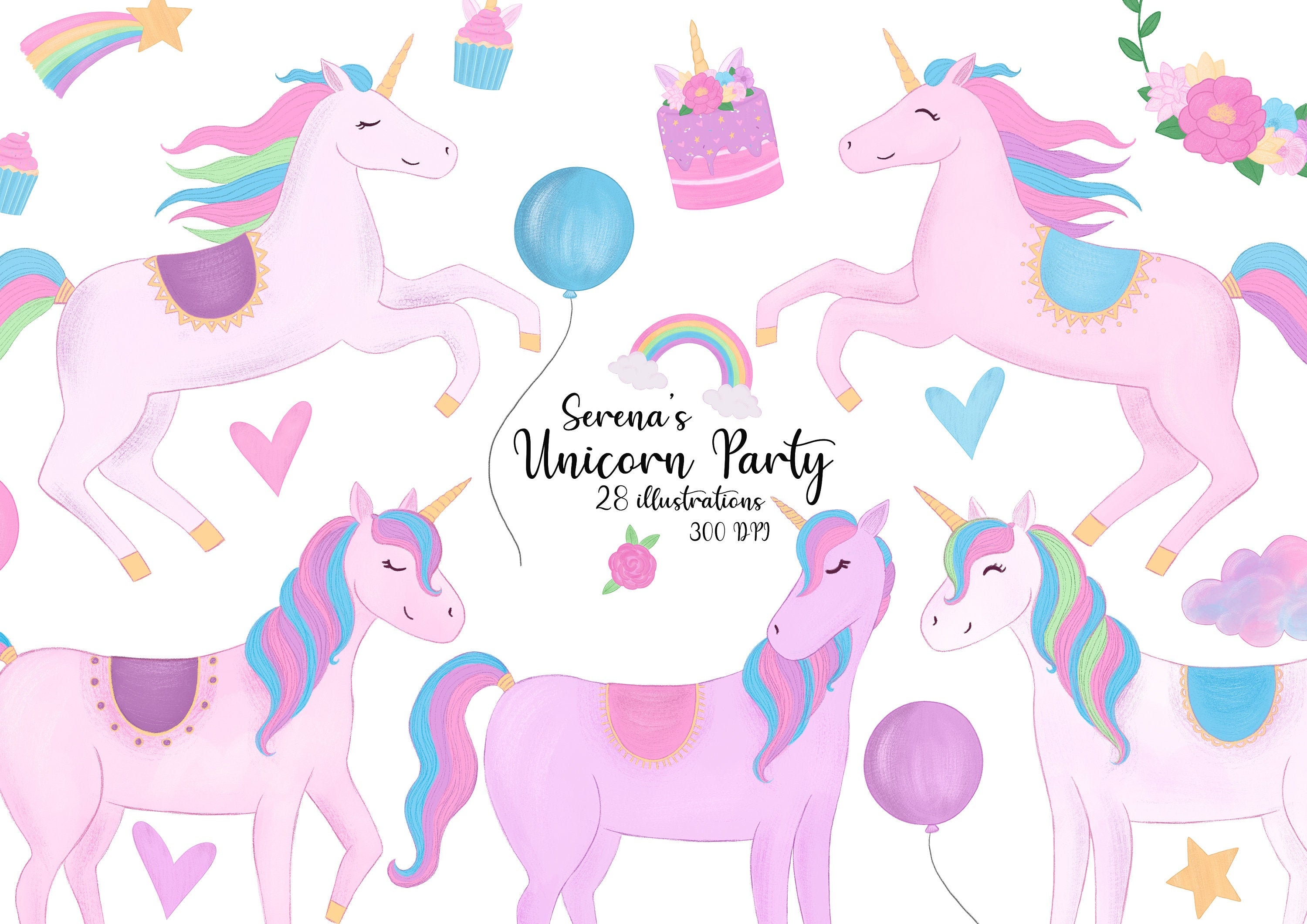 Watercolor and Gouache Unicorn Party Clipart - Unicorn Download - Instant Download - Watercolor Clipart - Gouache Clipart - Birthday Party