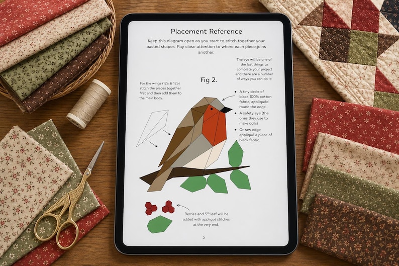 Pode incluir: Um tablet digital exibindo um diagrama de refer&ecirc;ncia de costura para um projeto de aplique de p&aacute;ssaro, cercado por pilhas de tecido com estampa floral, um carretel de linha e tesouras douradas sobre uma superf&iacute;cie de madeira.