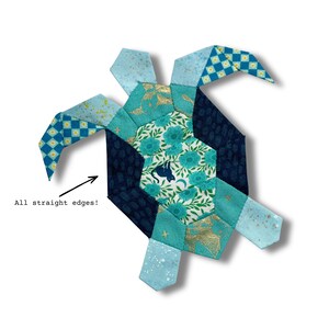 Op de afbeelding: Een patchwork schildpad met verschillende blauwe en turquoise stoffen. Het lichaam is gemaakt van zeshoekige stukken, de vinnen en de kop van driehoekige en rechthoekige stukken. De tekst luidt "All straight edges!"