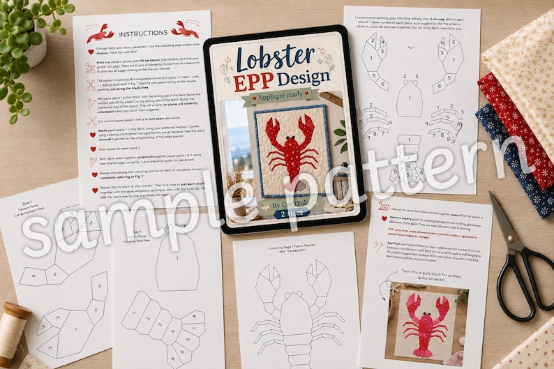 Pode incluir: Um kit de molde Lobster EPP Design com folhas de instru&ccedil;&otilde;es impressas, modelos de papel numerados para English Paper Piecing e um guia central mostrando um bloco de colcha de lagosta vermelha acabado. Inclui tecidos e tesouras pretas.