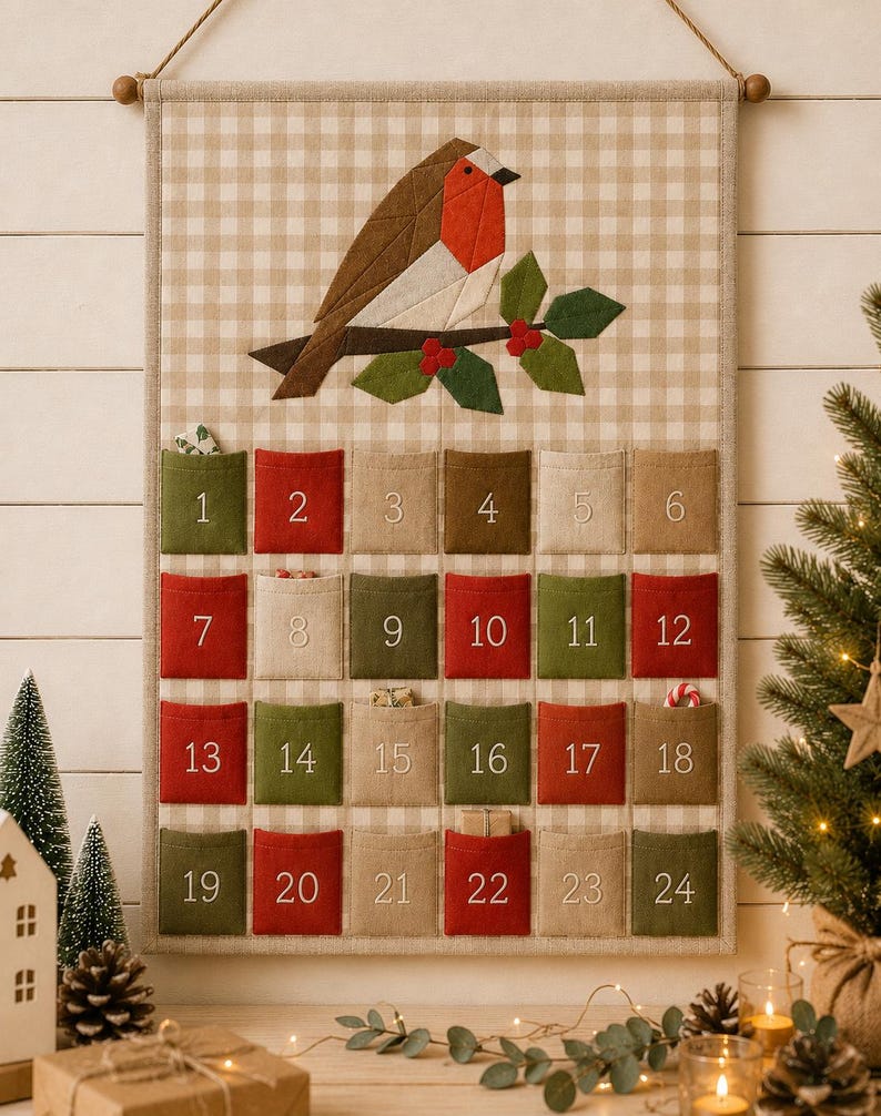Pode incluir: Um calend&aacute;rio do advento em tecido com fundo de xadrez vichy bege e uma aplica&ccedil;&atilde;o de pisco-de-peito-ruivo num ramo de azevinho. O calend&aacute;rio tem vinte e quatro bolsos numerados em vermelho, verde e bege, suspensos por uma vara de madeira.