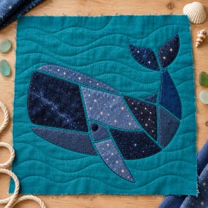 May include: A square fabric quilt block featuring a teal background with wavy quilted lines. A stylised whale is appliqued in the centre, constructed from various shades of blue and dark navy fabric with star and constellation patterns.
