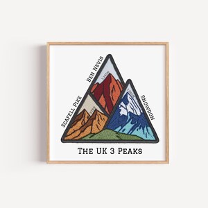 Peut inclure: Impression encadrée représentant un design triangulaire de trois sommets britanniques : Scafell Pike, Ben Nevis et Snowdon. Chaque sommet est d'une couleur différente, avec les noms et les hauteurs en mètres. Le texte "THE UK 3 PEAKS" est en bas.