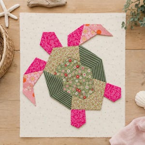 EPP-quiltblokpatroon schildpad, eenvoudig Engels paperpiecing-patroon, quiltpatroon oceaanthema, stoffen ambachten schildpad