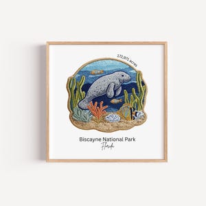 Peut inclure: Une impression encadrée avec un motif brodé d'un lamantin nageant dans le parc national de Biscayne, en Floride. L'œuvre comprend des poissons, du corail et le texte "Biscayne National Park Florida" et "172 971 acres". Le cadre est en bois clair.