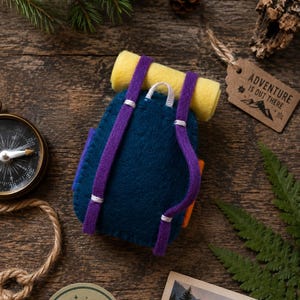May include: A handcrafted felt backpack in dark blue with purple shoulder straps and a yellow rolled sleeping bag attached to the top. The backpack features white stitching details and a small orange side pocket, presented as a decorative item.