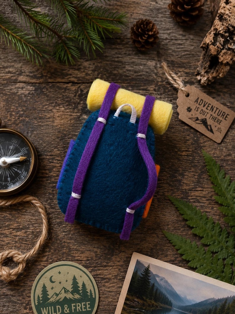 May include: A handcrafted felt backpack in dark blue with purple shoulder straps and a yellow rolled sleeping bag attached to the top. The backpack features white stitching details and a small orange side pocket, presented as a decorative item.
