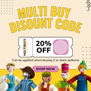 May include: A promotional graphic featuring the text MULTI BUY DISOUNT CODE and a ticket icon displaying 20% OFF and the code MULTIBUY2. Below, five felt dolls are shown: a farmer with a duck, a cowboy, a person with a braid, a soldier, and a skier.