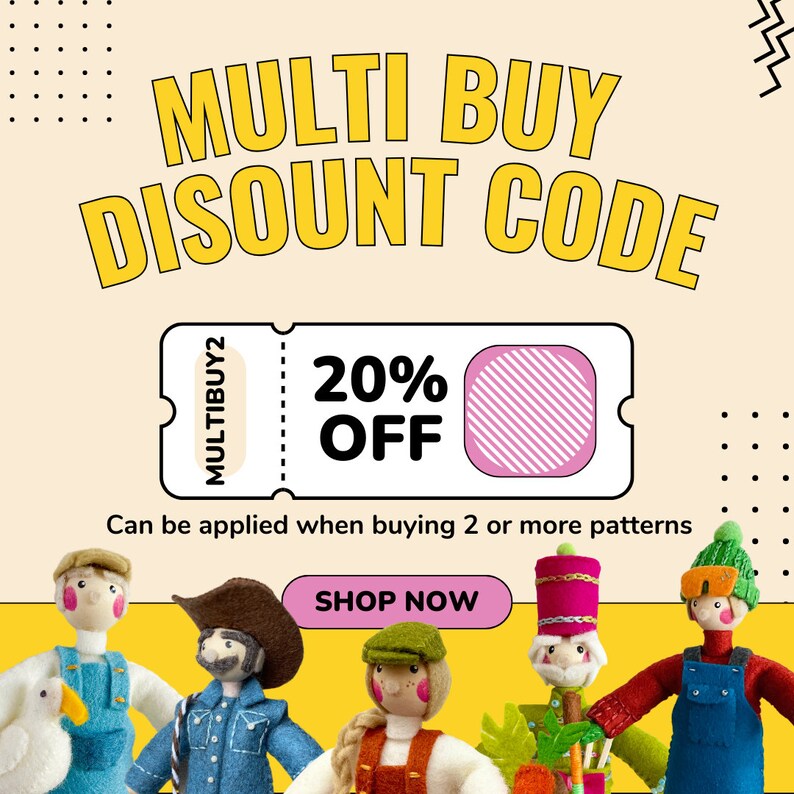 May include: A promotional graphic featuring the text MULTI BUY DISOUNT CODE and a ticket icon displaying 20% OFF and the code MULTIBUY2. Below, five felt dolls are shown: a farmer with a duck, a cowboy, a person with a braid, a soldier, and a skier.