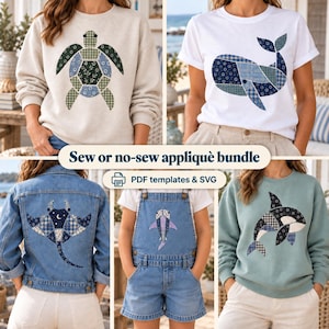 Puede incluir: Un paquete de apliques para coser o pegar con plantillas PDF y archivos SVG. Los diseños incluyen una tortuga marina, ballena, mantarraya, tiburón y orca en estilo patchwork, mostrados en sudaderas, una chaqueta de mezclilla y un overol.