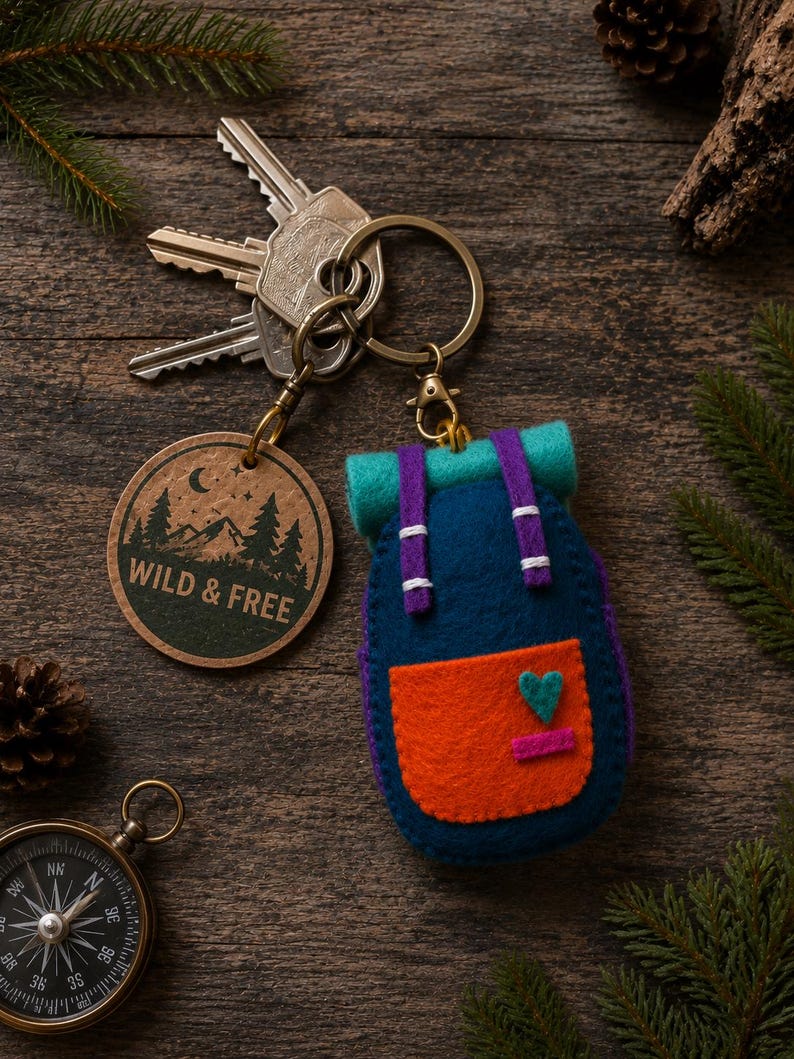 May include: A felt backpack keyring with a dark blue body, orange front pocket, teal top roll, and purple straps, attached to a round wooden charm engraved with a mountain scene and the text WILD & FREE, connected to a metal ring with keys.