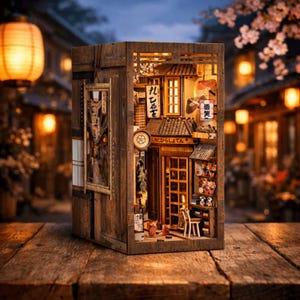 Könnte beinhalten: Ein hölzernes Diorama-Bücherregal mit einer detaillierten japanischen Straßenszene im Miniaturformat, beleuchteten Fenstern, einem kleinen Stuhl und Schildern mit japanischem Text. Die Struktur hat ein dunkelbraunes Finish.