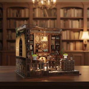 Könnte beinhalten: Ein Miniatur-Bibliotheksdiorama aus Holz mit Kamin, Bücherregalen, einem Schreibtisch mit Schubladen und einer hängenden Pendelleuchte. Die äußere Seitenwand zeigt ein gedrucktes Bild eines Steingebäudes mit Fenster und dem Text The Old Book Shop.