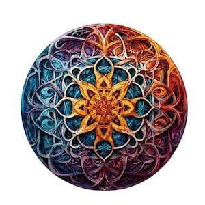 Könnte beinhalten: Ein rundes Mandala-Design mit filigranen Details in Blautönen, Lila, Orange und Gelb. Die Mitte des Mandalas zeigt ein blumenartiges Design mit einem gelben Zentrum.