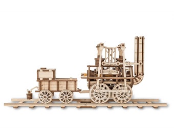 Locomotion #1 – Mechanical wooden model of a locomotive, 3D kit, Eco-Wood-Art
