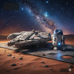 Peut inclure: Un modèle de vaisseau spatial Millennium Falcon blanc et gris garé à côté d'un droïde R2-D2 blanc et bleu sur une plateforme d'atterrissage métallique. La scène se déroule sur une planète orange poussiéreuse sous un ciel étoilé.
