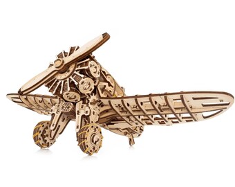 Mechanical airplane made of wood, Eco-Wood-Art