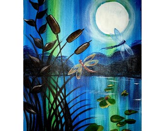 Lakeside Moonlight Landscape Acrylic Painting, Mountain Wall Decor, Blue Red Dragonfly Art, Mothers Day Gift for Mom grandma, 11x14 canvas