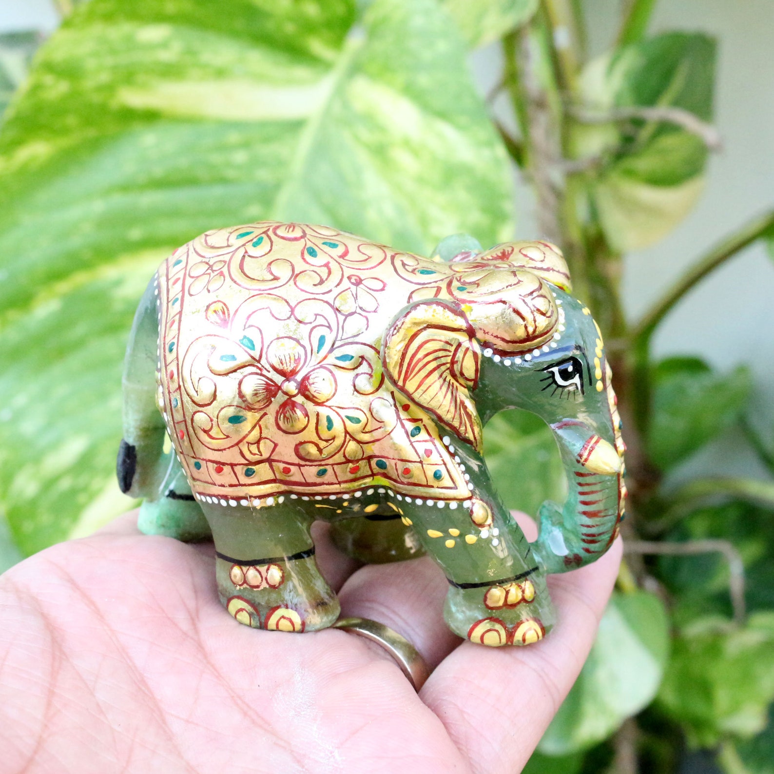Natural Jade Elephant Pair Gold Painted Elephant FigureStone Etsy